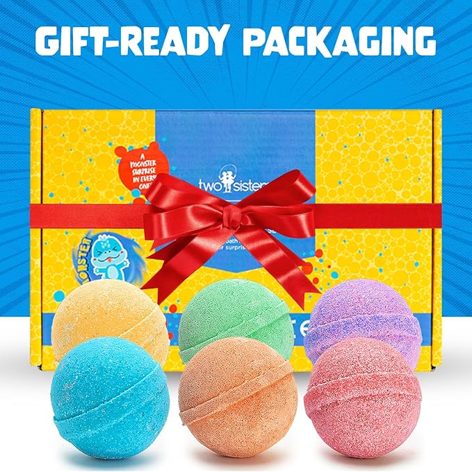Poke Monster Bath Bombs for Kids with Surprise Toys Inside (6 Pack) - Large Bubble Bath Bomb for Boys, Girls, Toddlers - Fruity Scents, Made in USA, Skin-Safe - Birthday Gift by Two Sisters