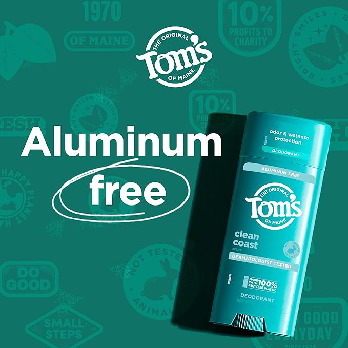 Tom's of Maine Clean Coast Aluminum Free Natural Deodorant For Women & Men | Goes on Clear | Odor & Wetness Protection | Naturally Derived and Moisture-Locking Ingredients | 3.25 oz (2 Pack)