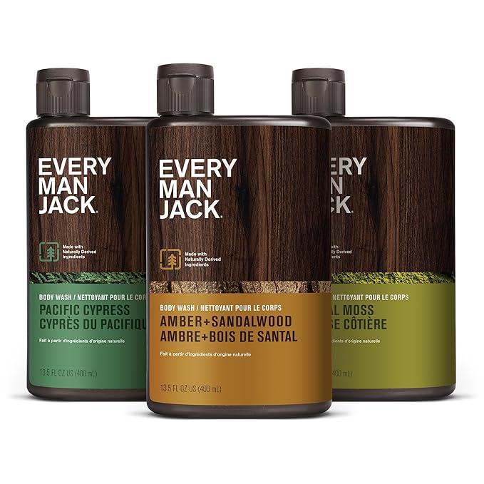 Every Man Jack Hydrating Mens Body Wash - Cleanse, Nourish, and Hydrate Skin with Naturally Derived Ingredients - Paraben Free - Amber + Sandalwood, Pacific Cypress and Coastal Moss - 3pk