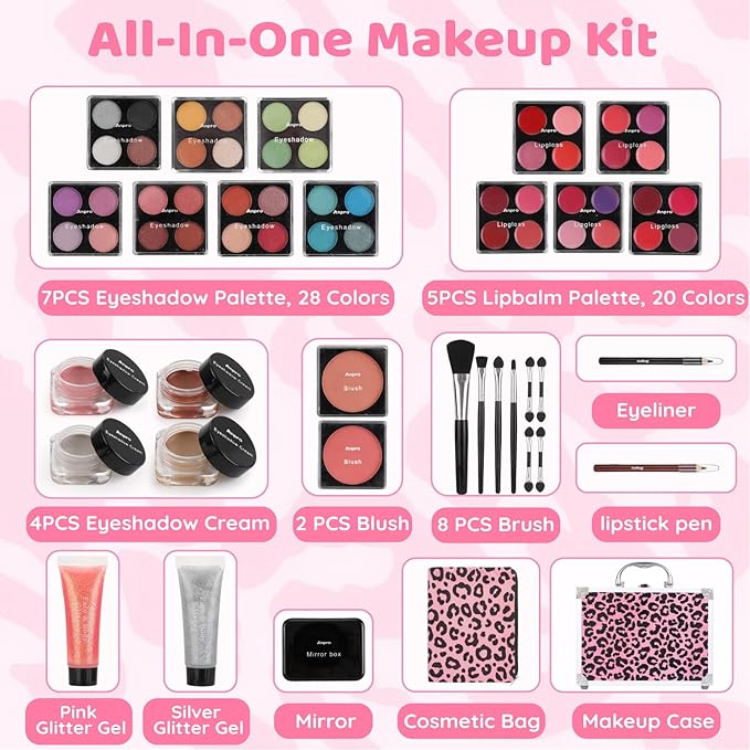 Anpro All-In-One Leopord Double Folding Makeup Carry Case with Pro Teen Makeup Set, Full Starter Kit with Makeup Brushes, Lipsticks, Eyeshadow Palette, Blushes, Glitter Gel, Ideal Present for Girls