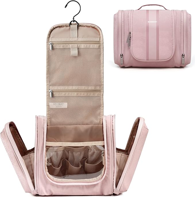 BAGSMART Extra Large Toiletry Bag Hanging Toiletry Bag for Travel, Water-resistant Cosmetic Makeup Large Capacity Bag Organizer for Full Sized Toiletries, Pink