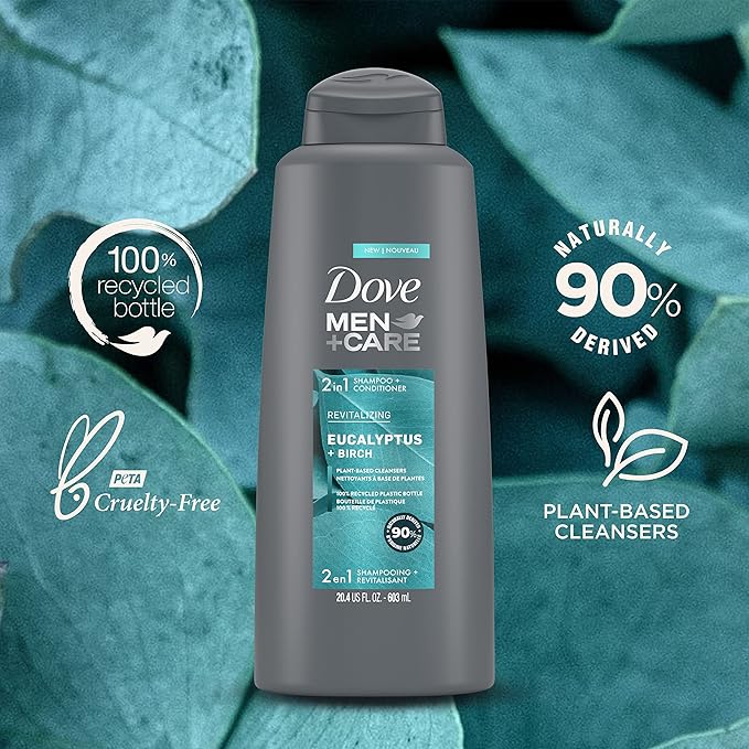 DOVE MEN + CARE 2 in 1 Shampoo Conditioner Eucalyptus + Birch 3 Count For Healthy-Looking Hair Naturally Derived Plant Based Cleansers 20.4 oz