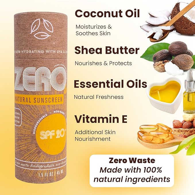 ZERO Waste 100% Plastic Free Natural Sunscreen Stick, SPF 20 Reef Safe and Kid Friendly, Water Resistant, Push Up Cardboard Tube, Sunblock Made with Beeswax, Shea Butter and Coconut Oil, 1.5 Oz