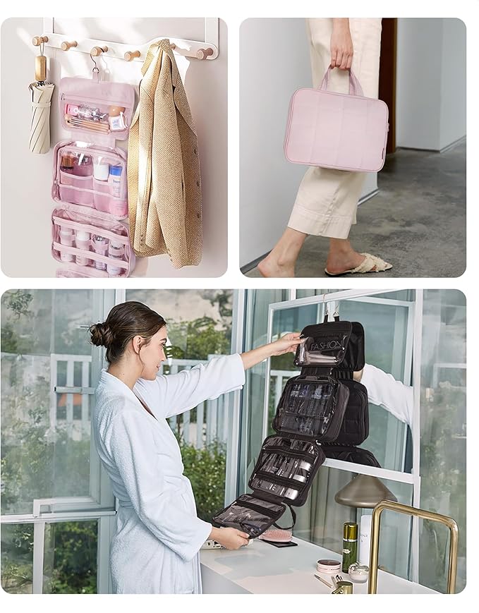 BAGSMART Travel Toiletry Bag with Jewelry Organizer, Hanging Travel Bag for Toiletries, Puffy Makeup Cosmetic Bag Organizer, Carry-on Travel Accessories Essentials, Camel-L