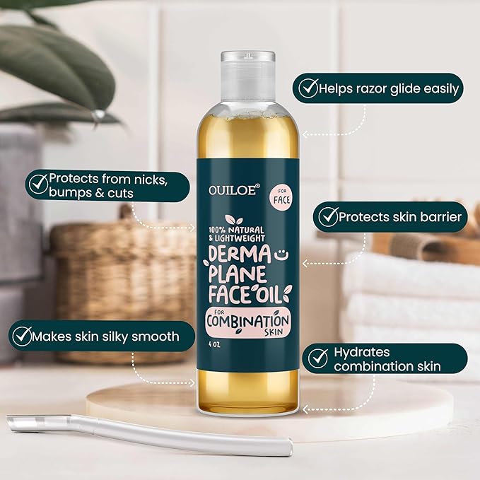 Dermaplane Oil, Face Shaving Oil for Women with Combination Skin - Lightweight & Natural Facial Shave Oil - Use with a Dermaplaning Tool, Razor, Shaver or Microblade for Close Shave 4 oz by Ouiloe