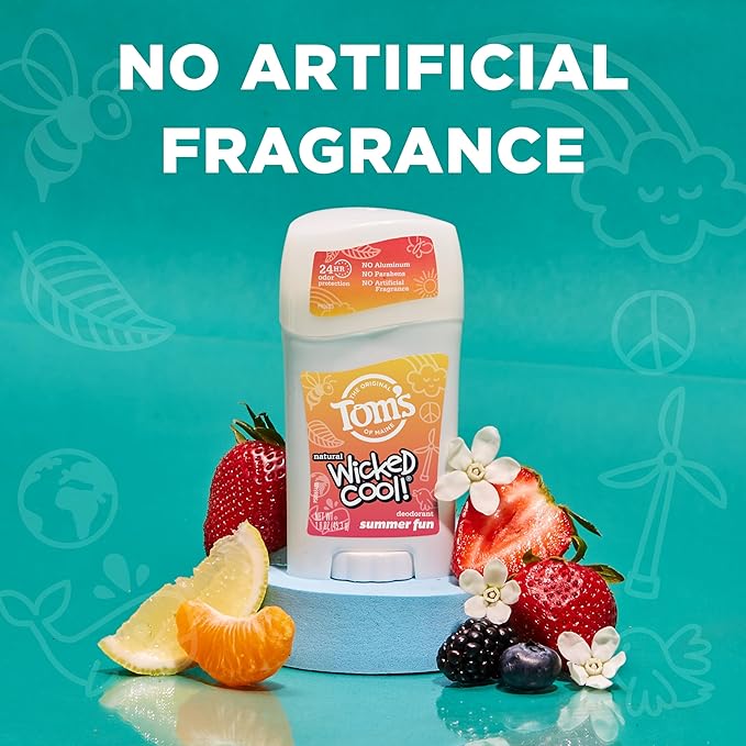 Tom's of Maine Aluminum-Free Wicked Cool! Natural Deodorant for Kids, Summer Fun, 1.6 oz. (Pack of 3) (Packaging May Vary)
