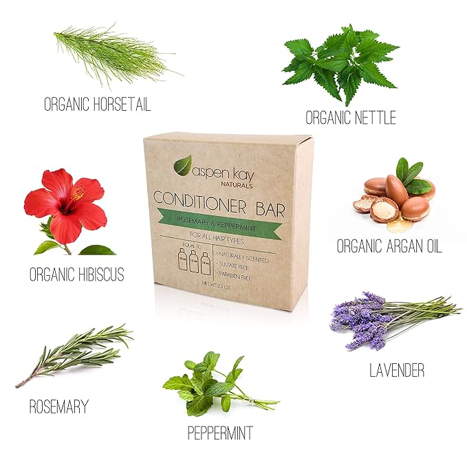 Aspen Kay Naturals Conditioner Bar, Made With Natural & Organic Ingredients, All Hair Types including frizzy hair, 2.3 Ounce Bar. (Rosemary & Peppermint)