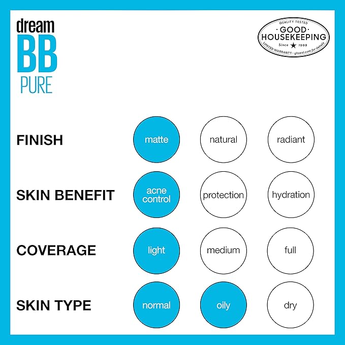Maybelline Dream Pure Skin Clearing BB Cream, 8-in-1 Skin Perfecting Beauty Balm With 2% Salicylic Acid, Sheer Tint Coverage, Oil-Free, Medium/Deep, 1 Count
