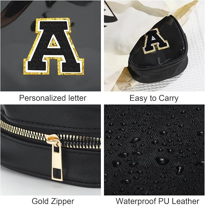 YOOLIFE Initial Makeup Bag Travel Toiletry Bag, Clear Makeup Bag Car Accessories For Women Clear Makeup Bags With Zipper Girlfriend Teacher 13 Year Old Girl Gifts Daughter Girl Gifts Mini Black L