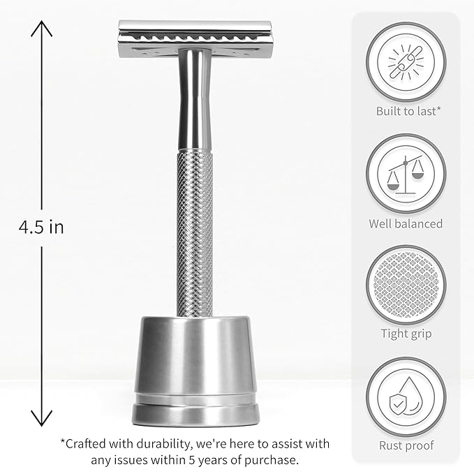 Bambaw Double Edge Safety Razor for Men with Stand, Reusable Metal Razor with 5 Double Edge Blades, Single Blade Razors for Men & Women – Silver
