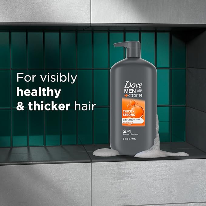 DOVE MEN + CARE 2-in-1 Shampoo + Conditioner Thick + Strong for Fortifying Hair from Root to Tip, with Calcium, 31 oz