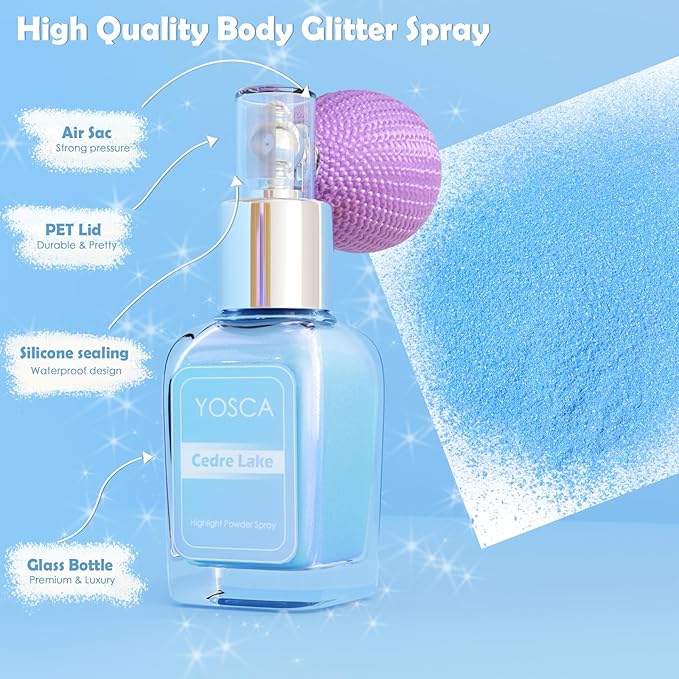 Yosca Highlighter Powder Spray, 20ML Cosmetic Grade Shimmer Powder Blue Glitter Spray Sparkle Highlighter Makeup Festival Concert Accessorise for Rave Clothes Hair Face Nail Art - Cedre Lake