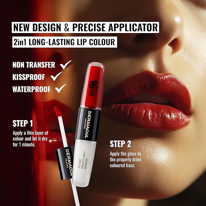 Dermacol NEW 16-Hour Lip Colour, Highly Pigmented Glossy Lip Stain, Two-Phase Lip Plumper Gloss, Kissproof Lip Makeup Products with Matte and Glitter Finish, n.4