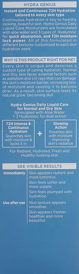 L’Oreal Paris Skincare Hydra Genius Daily Liquid Care Oil-Free Face Moisturizer for Normal to Dry Skin, Hyaluronic Acid Moisturizer for Face with Aloe Water and Hyaluronic Acid, 3.04 fl. oz.