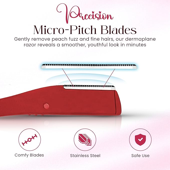 Dermaplane Razor, Eyebrow Razor & Peach Fuzz Remover, Micro-Pitch Facial Razors for Men & Women, Dermaplaning tool for Sensitive Skin Exfoliation with Protective Cover, Red, White, Blue (3-pack)