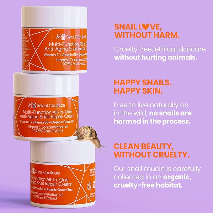 SeoulCeuticals Korean Skin Care 97.5% Snail Mucin Moisturizer Cream - K Beauty Skincare Day & Night Snail Repair Cream Filtrate Cruelty Free 2oz
