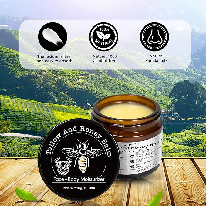 Beef Tallow for Face Skin, Tallow and Honey Balm for Skin Honey Butter Faces & Body Cream For Skins Firming & Hydrating Balm Care Tallows Face Moisturizer Cream, 2.12 Oz, 1PC