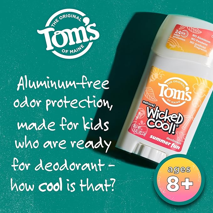 Tom's of Maine Aluminum-Free Wicked Cool! Natural Deodorant for Kids, Summer Fun, 1.6 oz. (Pack of 3) (Packaging May Vary)