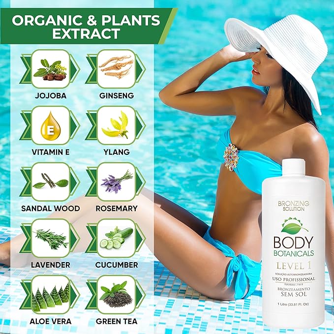 Professional Sunless Tanning Spray Tan Solution, Organic Essential Oils, Airbrush Formula, 33.8 Fl Oz. (Level 1 (7% DHA))