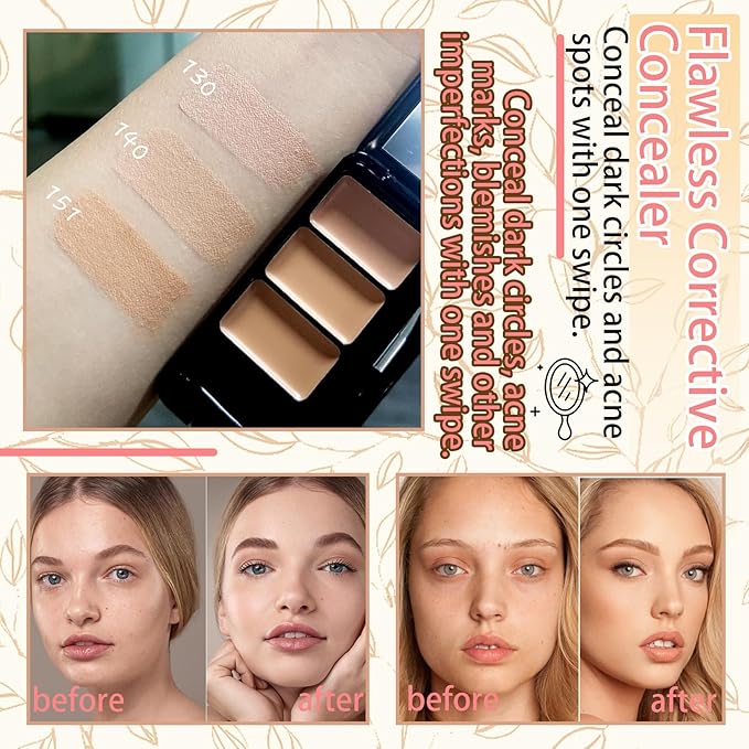 3 Colors Corrector Palette,Moisturizing Long Lasting Waterproof Cream Contour Makeup Palette,Color Correcting Concealer,Natural Flawless Full Coverage Liquid Foundation Set with Makeup Brushes