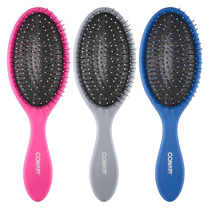 Conair Detangling Brush 3PK - For wet and dry - Ideal for all types - curly brush - brushes for women - detangler brush - brushes for women - Blue, Pink, Gray Assorted