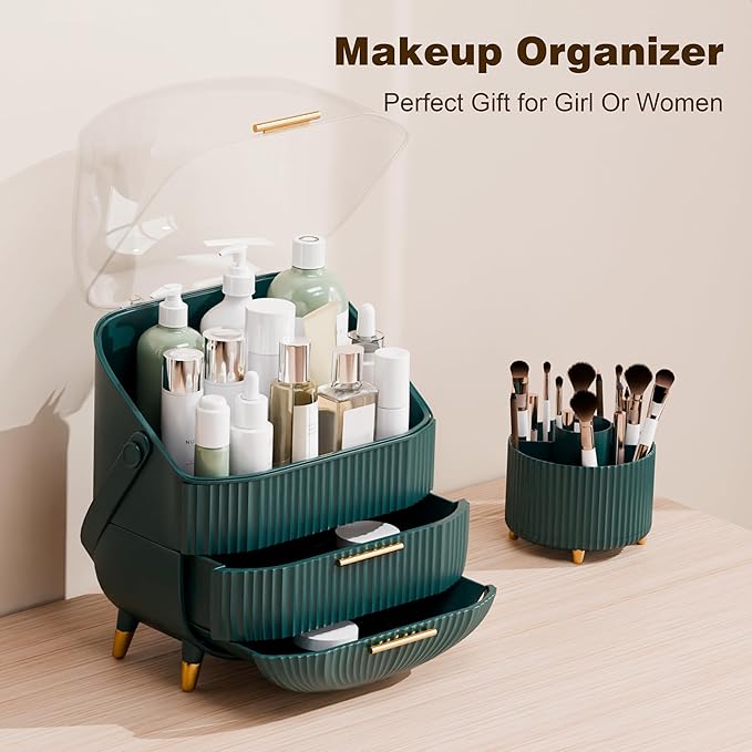 Makeup Organizers and Storage Make up Organizer for Vanity Cosmetics Skincare With Lid and Drawers Display Cases for Countertop Bathroom Women Teenager Girl Gifts(Dark Green+Brush Holder)