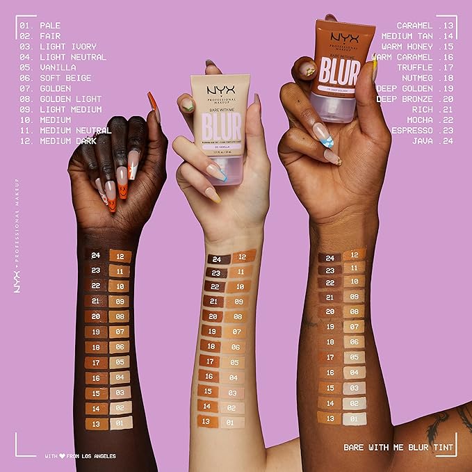 NYX PROFESSIONAL MAKEUP Bare With Me Blur Skin Tint Foundation Make Up with Matcha, Glycerin & Niacinamide - Medium