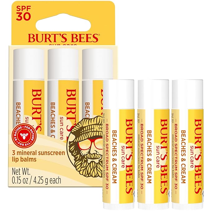 Burt’s Bees SPF 30 Lip Balm Mothers Day Gifts for Mom, Beaches and Cream, Water-Resistant Sun Care, Nano-Free Zinc Oxide Formula, Natural Origin Conditioning Lip Treatment, 3 Tubes, 0.15 oz.