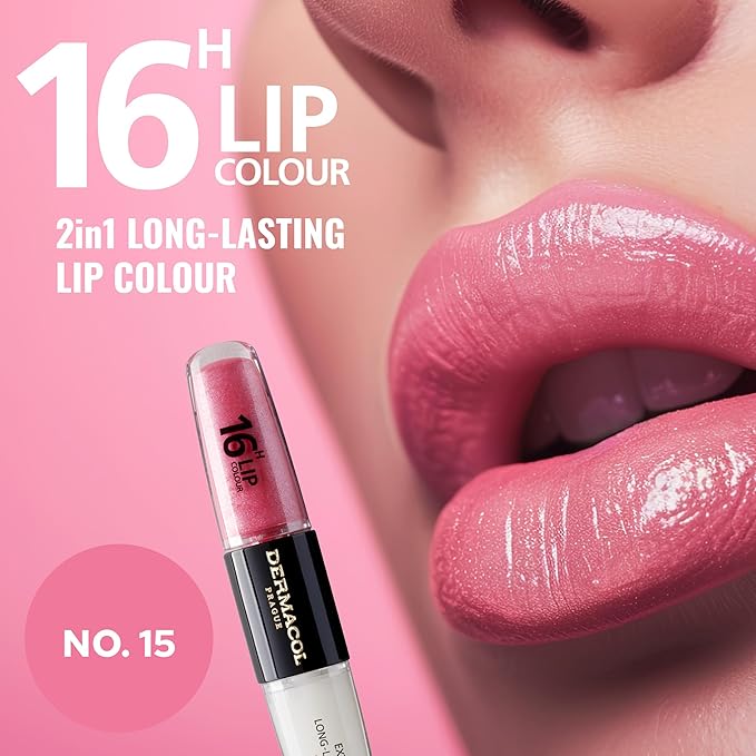Dermacol NEW 16-Hour Lip Colour, Highly Pigmented Glossy Lip Stain, Two-Phase Lip Plumper Gloss, Kissproof Lip Makeup Products with Matte and Glitter Finish, n.15
