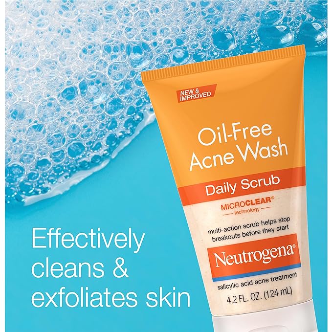 Neutrogena Oil-Free Acne Face Wash with 2% Salicylic Acid, Daily Exfoliating Scrub & Acne Treatment for Oily, Acne-Prone Skin, Clears Breakouts & Blackheads, 4.2 fl. oz