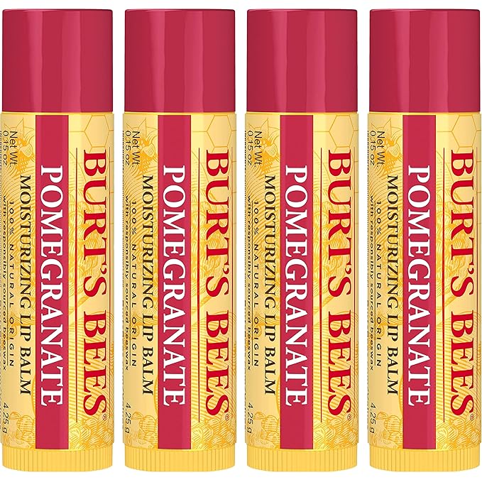 Burt's Bees Lip Balm - Pomegranate, Lip Moisturizer With Responsibly Sourced Beeswax, Tint-Free, Natural Origin Conditioning Lip Treatment, 4 Tubes, 0.15 oz.