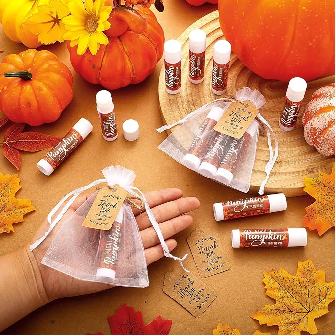 Demissle 50 Pcs Baby Shower Lip Balm Gift Set with 100 Pcs Organza Bags Baby Shower Party Favor for Guest Thank You Tag Rope Baby Shower Party Decoration Gender Reveal Souvenirs(Pumpkin)