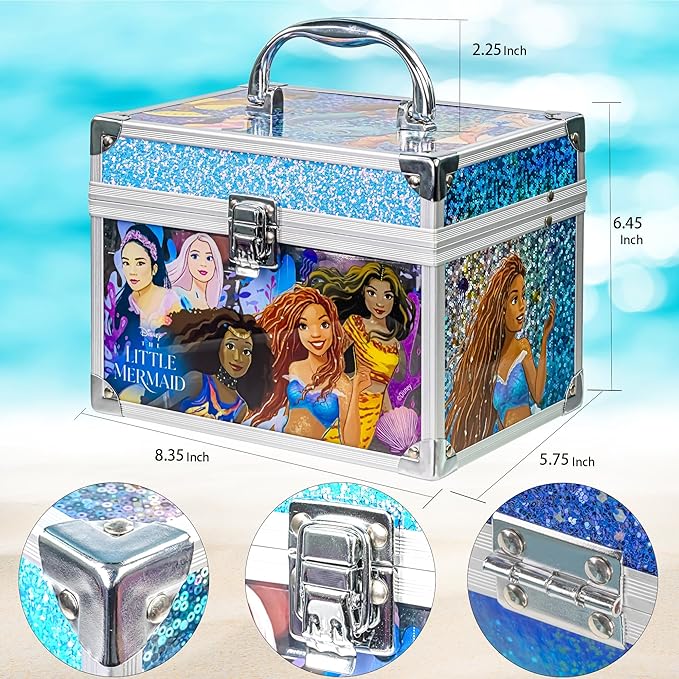 Little Mermaid Train Case Beauty Set, Kids Makeup Kit for Girls, Real Washable Toy Makeup Set, Play Makeup, Pretend Play, Party Favor, Birthday, Toys Ages 3 4 5 6 7 8 9 10 11 12