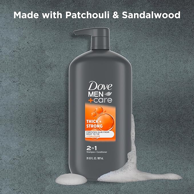 DOVE MEN + CARE 2-in-1 Shampoo + Conditioner Thick + Strong for Fortifying Hair from Root to Tip, with Calcium, 31 oz