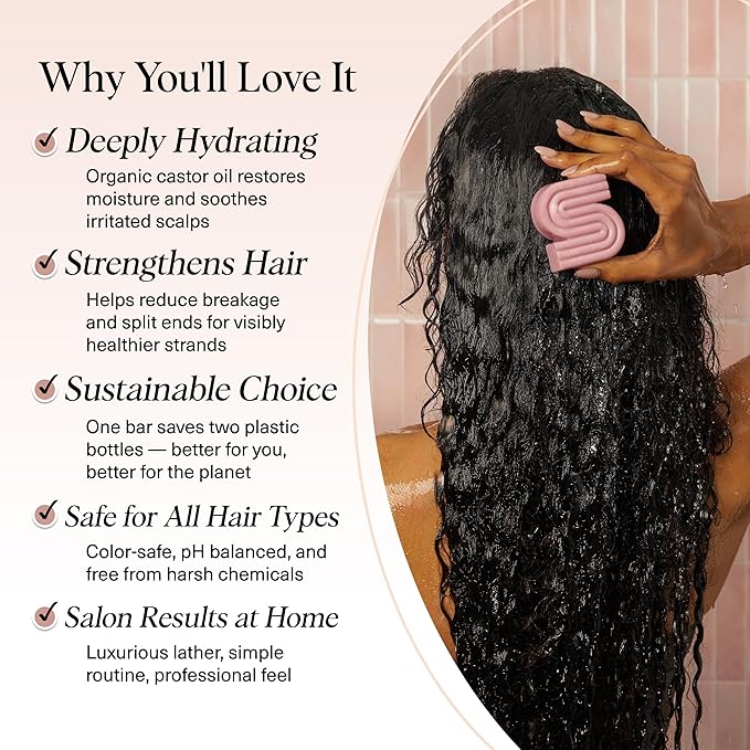 Kitsch Castor Oil Shampoo Bar Soap - Hydrating & Moisturizing Hair Care - Organic Castor Oil Solid Shampoo for Hair Growth & Scalp Nourishment - Silicone & Paraben-Free, Vegan, Made in USA - 3.2oz