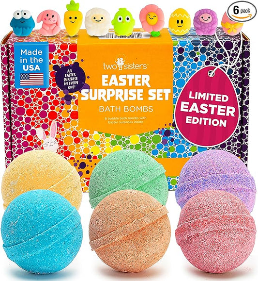 Easter Bath Bombs for Kids with Surprise Toys Inside (6 Pack) - Easter Basket Stuffers for Boys and Girls - Large Spring Bubble Bomb, Made in USA, Incredible Fragrances & Colors by Two Sisters