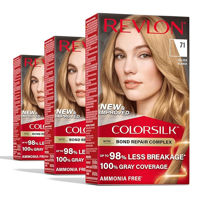 Revlon ColorSilk with Bond Repair Complex, Blonde Permanent Hair Color, 100% Gray Coverage, Ammonia Free Hair Dye, Vegan Keratin, 71 Golden Blonde (Pack of 3)