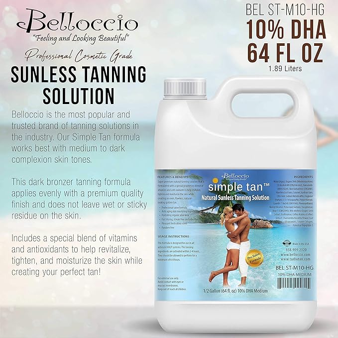 Belloccio Simple Tan Half Gallon Bottle of Professional Salon Sunless Tanning Solution with 10% DHA and Dark Bronzer Color Guide