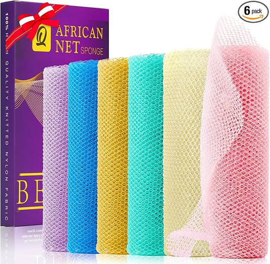 UJFQBH 6 Pieces African Net Sponge Long Bath Sponge Exfoliating Shower Body Scrubber for Daily Use, Terrific for Smoother Skin - Back Scrubber for a Refreshing Experience (Purple - Orange)