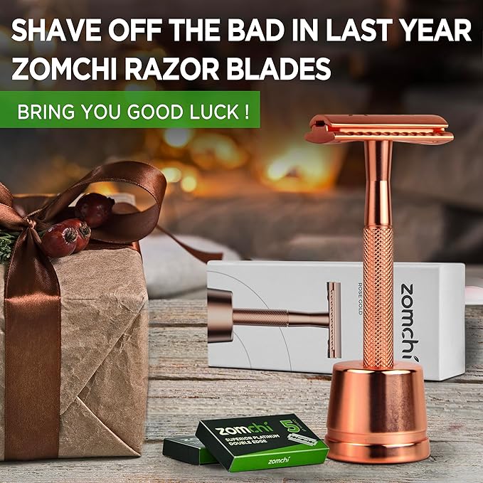 Safety Razor for Women, Men's Single Blade Razor with a Razor Stand with 10 Blades, Double Edge Razor with a Texture Handle, Metal Razor Women, Fits All Double Edge Razor Blades (Rose Gold)