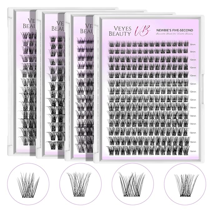 VEYESBEAUTY Lash Clusters Kit Individual Eyelash Extensions Thin & Invisible Band DIY False Eyelashes Newbie's Five-Second Series Wispy Lash Tray, LuxeBold KIT with Bond&Seal Remover Applicator