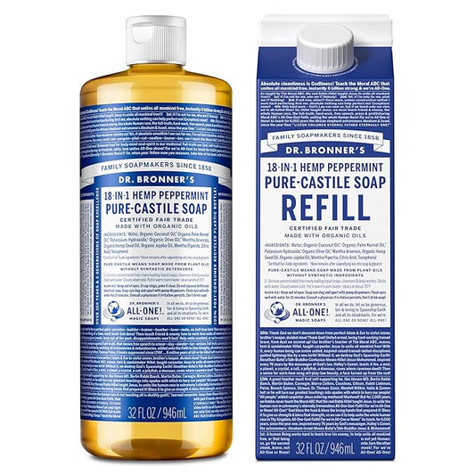 Dr. Bronner's Pure-Castile Liquid Soap Bottle & Refill Carton - Made with Regenerative Organic Certified Oils, 82% Less Plastic-18-in-1 Uses for Face, Body Wash, Hand Soap Refill- Peppermint, 32oz