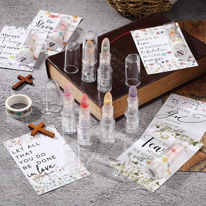 12 Sets Christian Lip Balms with Inspirational Bible Verse Card Bulk Gifts for Women Flower Sign Taste Lip Balm with Tag for Employee Coworker Teacher Family Church Wedding Favor