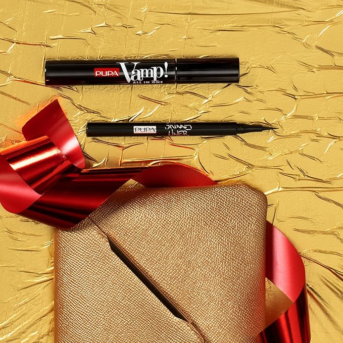 PUPA Milano Vamp! All In One And Skinny Liner Set - Volume Mascara And Ultra-Slim Eyeliner Pen - Naturally Formulated To Lengthen And Strengthen Lashes - Beautiful Gold Handbag - 3 Pc Mascara Kit