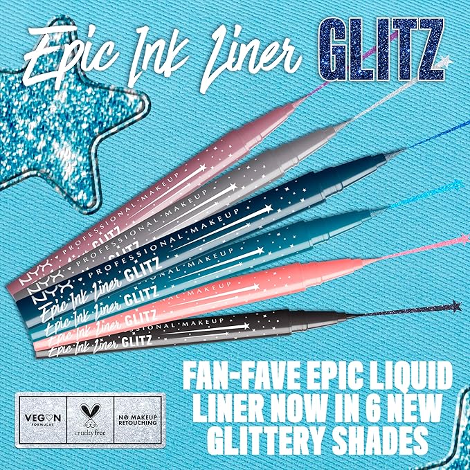 NYX PROFESSIONAL MAKEUP Epic Ink Glitz Liner, Waterproof Metallic Liquid Eyeliner with Vegan Formula - Denim Dazzle (Shimmer Deep Navy)