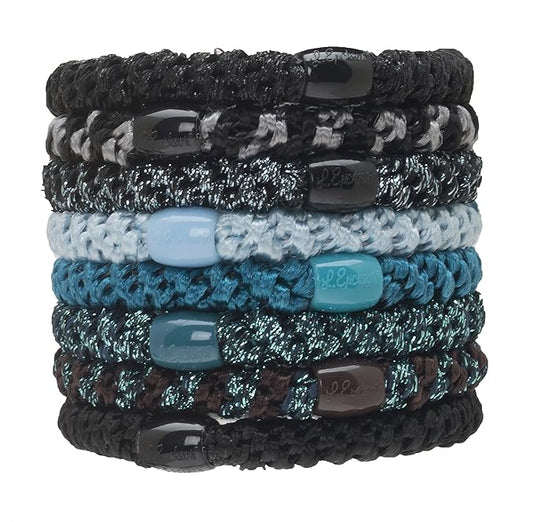 L. Erickson Grab & Go Pony - Blue Tide - 8 Pack Ponytail Holder Hair Ties - Mixed Teal and Black