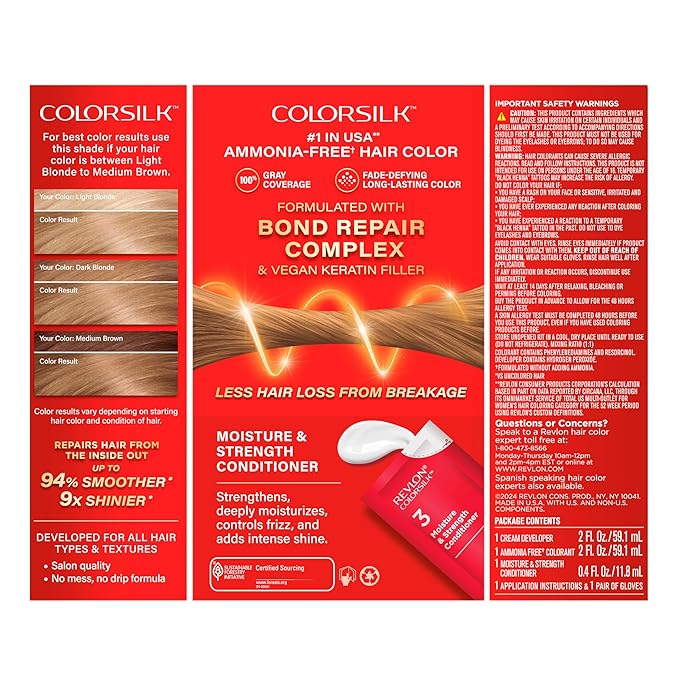 Revlon ColorSilk with Bond Repair Complex, Blonde Permanent Hair Color, 100% Gray Coverage, Ammonia Free Hair Dye, Vegan Keratin, 61 Dark Blonde (Pack of 3)