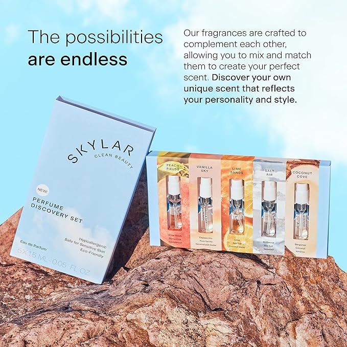 Skylar Perfume Discovery spray Sampler Set - Peach Fields, Vanilla Sky, Lime Sands, Salt Air, Coconut Cove - Hypoallergenic & Clean Perfume for Women & Men - 5 1.5mL