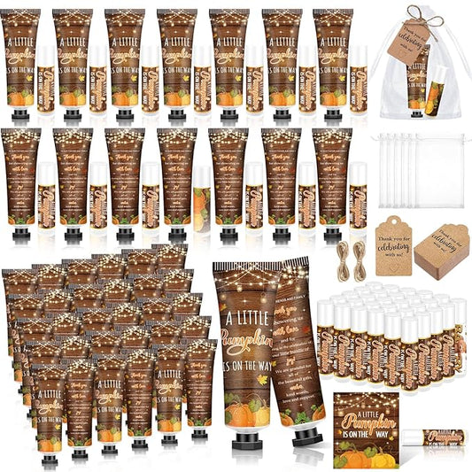 50 Sets 200 Pcs Baby Shower Hand Lotion and Lip Balm Gift Theme Baby Shower Party Favors Travel Size Hand Lotion and Lip Balm Bulk with Organza Bags Tags(Rustic Pumpkin)