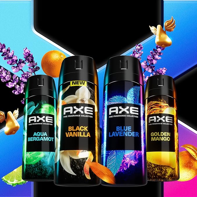 AXE Fine Fragrance Collection Premium Deodorant Body Spray for Men - Variety Pack - Blue Lavender, Aqua Bergamot, Golden Mango, & Black Vanilla - Pack of 4 72H Odor Protection, Aluminum Free, 4 oz
